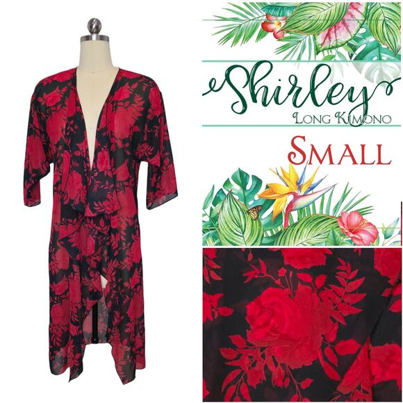 LuLaRoe Shirley Kimono Small Roses Red Black Floral Chiffon Long Duster Coverup - Picture 9 of 9